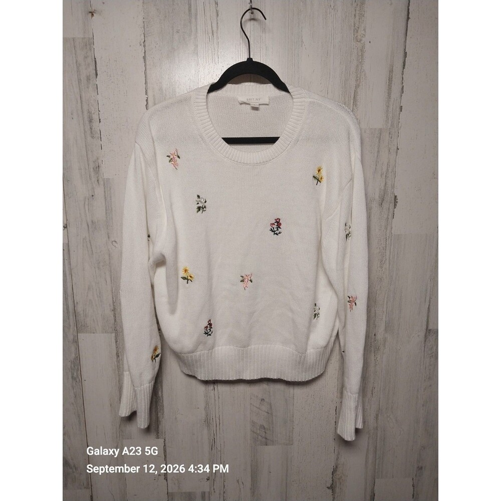 BRIT.NY Sweater Womens White 100% Cotton Embroidered Floral Knit Cottage Core L